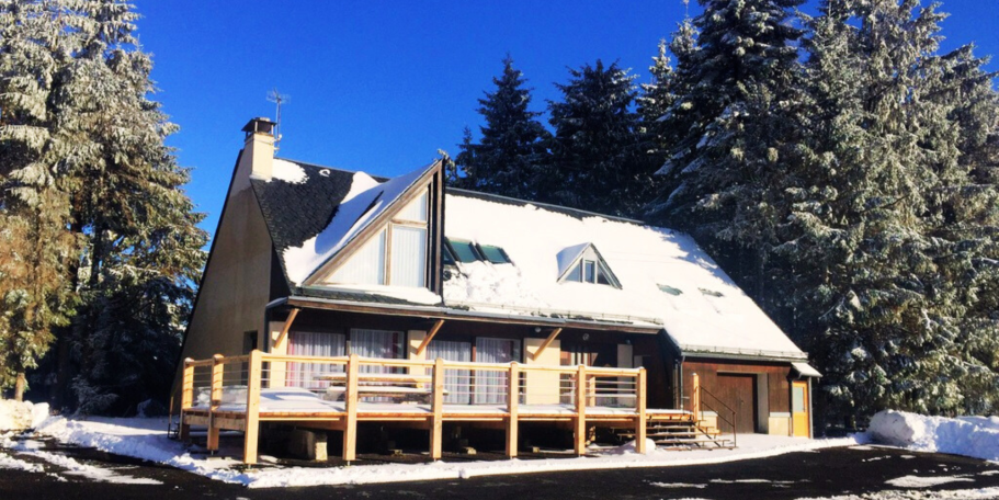 Maison en bois avec un toit enneigé, entourée d'arbres, sous un ciel bleu.